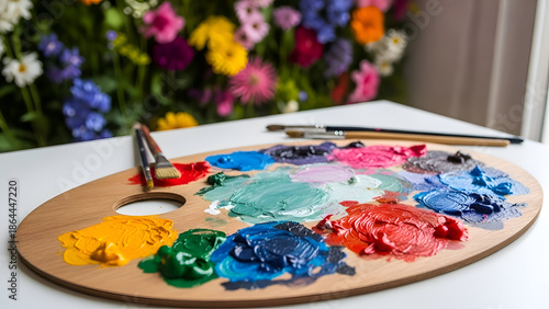 Wooden palette displaying vibrant oil paints sitting on white table with colorful flowers creating artistic and inspiring atmosphere.