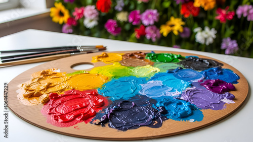 Artist's palette displays vibrant array of colors in studio with paintbrushes, creating a colorful and inspiring scene for artistic creation.