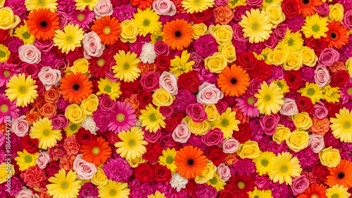 Colorful assortment of vibrant gerbera daisies and roses creates a beautiful floral display on a textured surface, evoking a cheerful and celebratory mood.