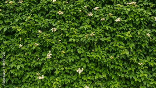 Green ivy climbs up a brick wall, creating a lush, natural texture with small white flowers blooming in the sunlight, showcasing vibrant growth.