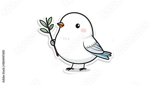 Pixelated Bird Holding Green Branch With White Feathers and Blue Wing on Transparent Background