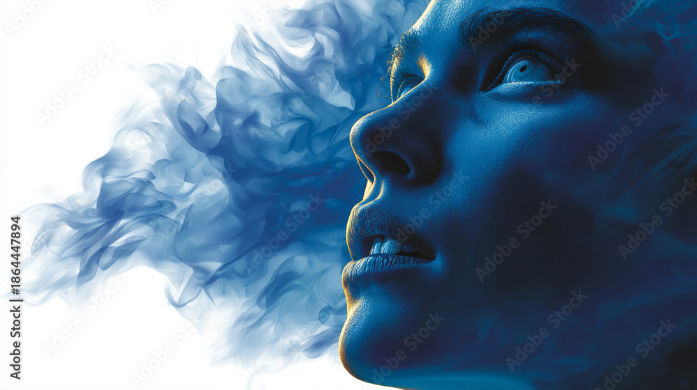 Fototapeta premium Mystical Serenity: A woman's profile is delicately framed by ethereal wisps of blue, as her gaze turns heavenward. This artwork is a poetic representation of inner peace.