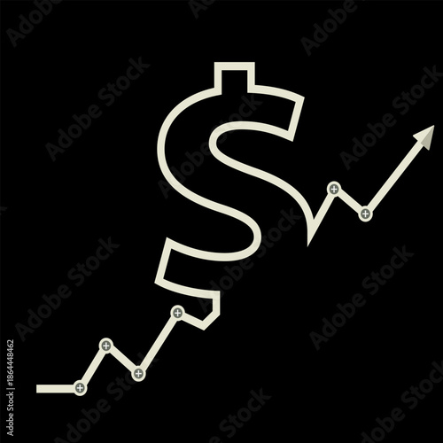 Dollar symbol combined with rising chart arrow representing financial growth, profit, investment success, and business analytics in modern line vector style on dark background.
