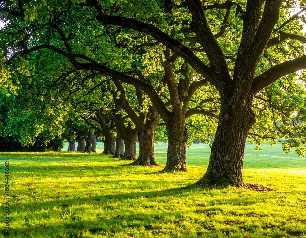 Fototapeta premium Sunny morning light filters through a line of stately trees in a park