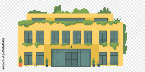 Modern Building with Green Roof and Balconies Flat Illustration eco architecture concept