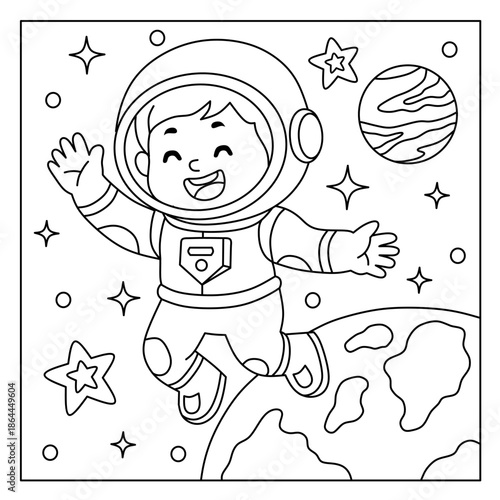 coloring page of a little astronaut floating in space with a background of stars and planets. Illustration for learning to color for children on the theme of outer space