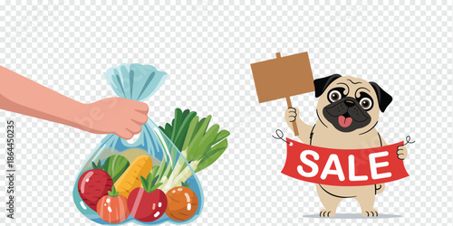 Pug Dog Promoting Fresh Vegetable Sale with Shopping Bag pet advertising concept