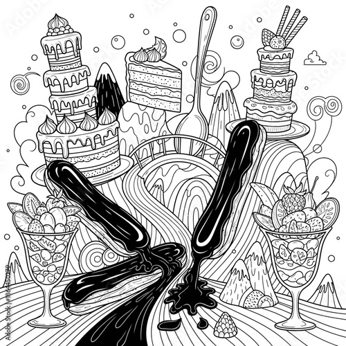 Black and White Illustration of Desserts and Sundaes.