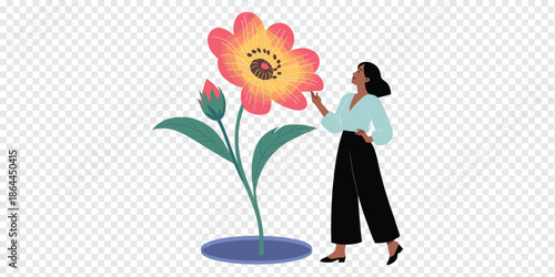 Woman Admiring a Large Vibrant Flower nature appreciation concept