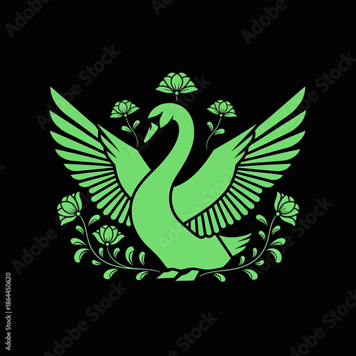 Green Swan Illustration with Floral Elements.