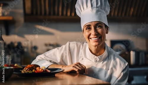Smiling woman chef wearing a white uniform and toque looking directly at the camera in a professional kitchen
