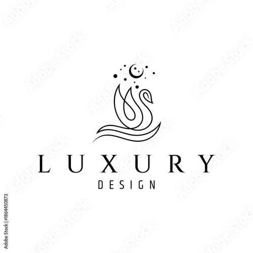 Graceful swan logo design on a lake with a crescent moon and stars above it.