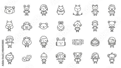 Adorable Hand Drawn Line Art Characters and Animal Mascots Vector Pack