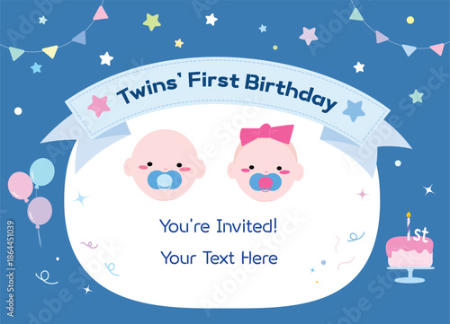 Twin First Birthday Invitation Template with Cute Boy and Girl