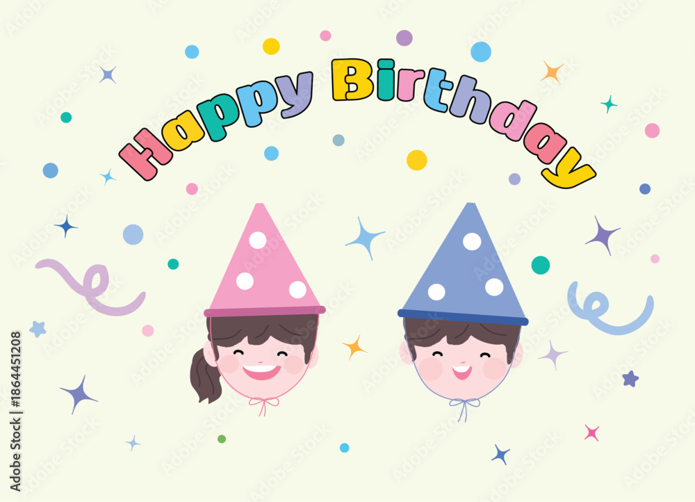 Naklejka premium Happy Birthday Children Faces Wearing Party Hats Illustration