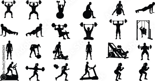 Set of gym and fitness silhouette icons illustrating diverse workout routines, strength training, cardio exercises, and healthy lifestyle activities for stock