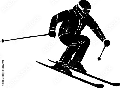 Alpine skier action silhouette, winter sports athlete downhill skiing with poles, dynamic black vector illustration isolated on white background