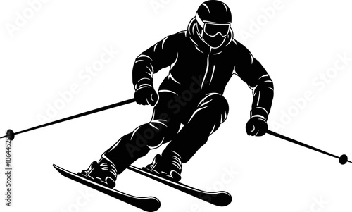 Alpine skier silhouette illustration, winter sports athlete skiing downhill with poles, dynamic action pose, black vector design isolated on white background