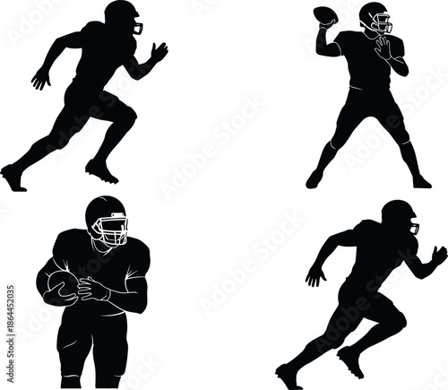 American football player silhouette vector set, quarterback running and passing actions, dynamic sports athlete icons in black flat design for game graphics