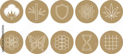 Minimal nature and abstract icon vector set with plant, flower, butterfly, shield, and geometric symbols for branding and modern design use