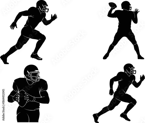 American football player silhouettes set vector illustration, quarterback throwing and running action poses, professional sport athletes, black dynamic figures, isolated on white background