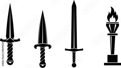 Ancient dagger sword and torch silhouettes, medieval weapon symbols collection, black vector illustration isolated on white background for history and fantasy design