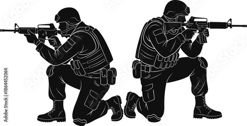 Armed tactical soldier silhouette vector illustration set, modern military special forces aiming rifles, combat posture icons for security, defense, strategy, training design