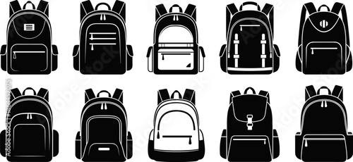 Backpack icon collection silhouettes, school travel hiking and everyday bags set, modern black vector illustration isolated on white background for lifestyle and education design