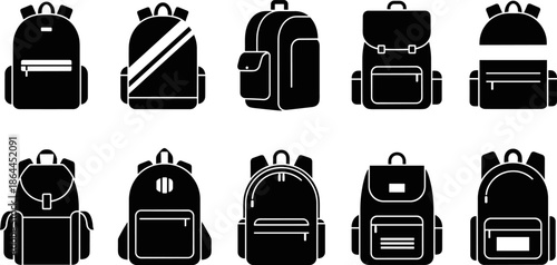 Backpack icon set silhouette vector illustration for school bags, travel backpacks, hiking equipment, luggage accessories symbols isolated on white background