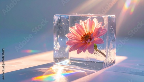 Surreal Floral Ice Block with Prismatic Rainbow Reflections