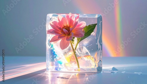 Minimalist Flower Suspended in Ice with Rainbow Light Refractions
