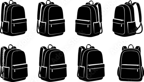 Backpack silhouettes vector illustration set, school and travel bags icons collection, black rucksack designs isolated on white background, minimal style