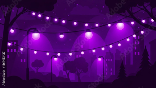 Vibrant purple cityscape at night with string lights, urban landscape, illuminated buildings, trees, and street lamps