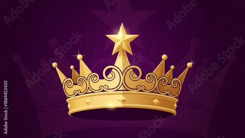 Golden crown with star on purple background, royalty symbol, luxury icon, regal emblem, shiny gold tiara with starburst, decorative