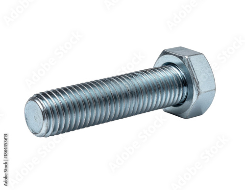 Close up of a single metallic bolt with a rounded head on transparent background