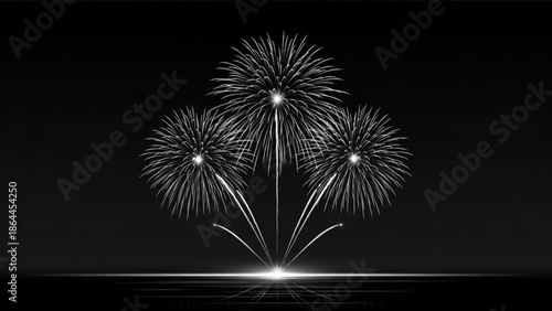 Fireworks exploding in the night sky with bright white sparks and reflections on the water surface with celebration