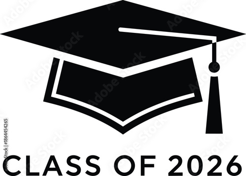 Black graduation cap silhouette with class of 2026 typography, academic hat and tassel symbol for students university and high school graduation ceremony vector