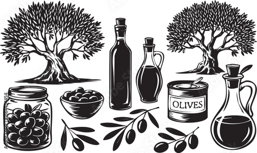Olive oil and olives illustration with trees, bottles, jar and can, healthy food and drink concept