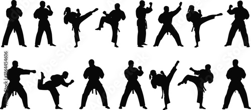 Silhouettes of diverse people holding umbrellas in various poses, illustrating business attire, casual clothing, walking, standing, and rainy weather concepts