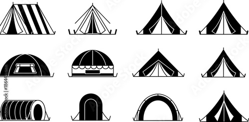 Black camping tent icon set illustration, various outdoor shelter designs including dome, ridge, tunnel and festival tents, minimal flat vector symbols collection