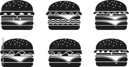 Black burger icon set featuring cheeseburgers, fast food symbols, hamburger silhouettes, restaurant menu elements, flat vector illustration, for branding packaging advertising designs