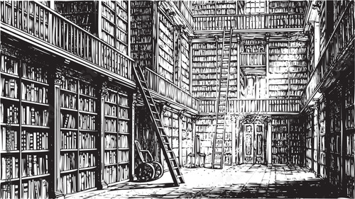 Vintage library interior with tall bookshelves and ladder, old reading room with classic literature