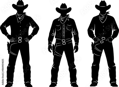 Black cowboy silhouette set with western outlaw figures, hat and bandana, gunslinger poses, wild west character icons, flat vector illustration
