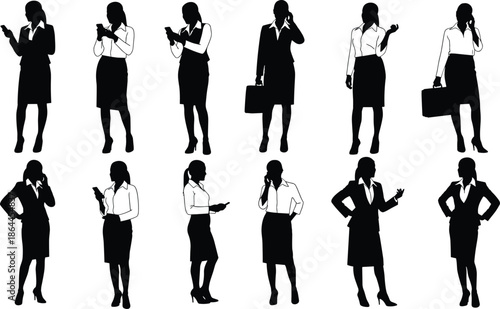 Silhouettes of professional businesswomen in corporate attire using phones, holding briefcases, standing, and gesturing, illustrating workplace communication concepts