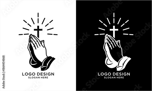 Praying Hands with Cross and Radiant Light Logo Design.