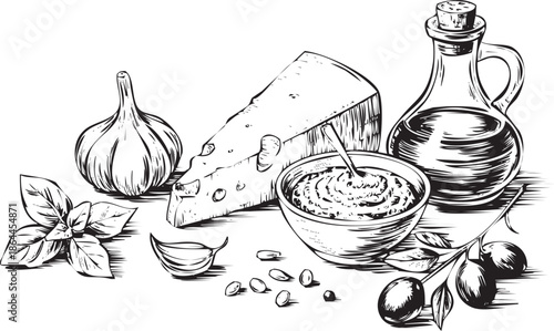 Delicious Italian food ingredients, cheese, garlic, olive oil, and olives, beautifully illustrated in black and white