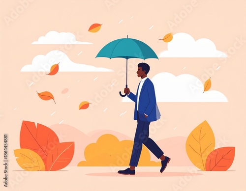 Flat Vector Illustration of Windy Day with Person Walking and Flying Leaves