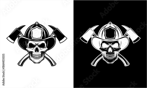 Skull wearing firefighter helmet with crossed axes, a powerful symbol of bravery and service.