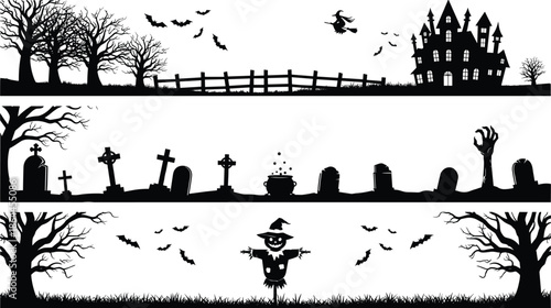Halloween Horizontal Silhouette Borders Set with Spooky Haunted Mansion Graveyard Tombstones Witch Bats Scarecrow and Gnarly Dead Trees Vector Illustration