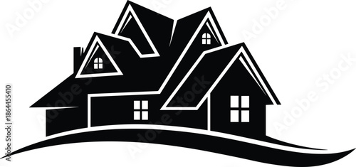 Modern house real estate silhouette icon with multiple gables and windows for residential home construction logo and property development marketing